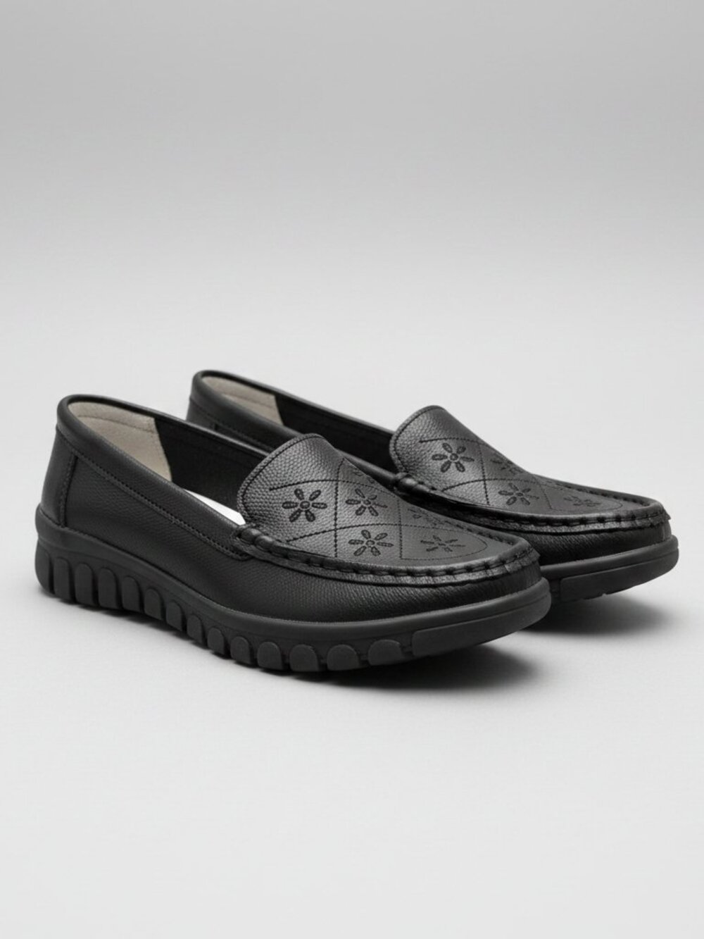 Comfort Black Slip-On Loafers Floral Embossed Flats Size 38